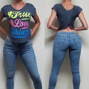 VINTAGE Say Anything Gray Graphic True Love Shines Cropped Split Back Tee